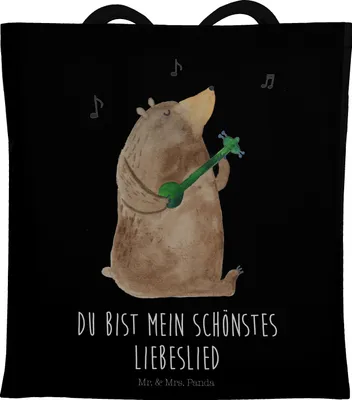 Produktbild von Mr. & Mrs. Panda Beutel Bär Lied - Schwarz - Geschenk, Freundin, Spruch, Frau, Jutebeutel, Valentinstag, festivaltasche, Tasche, Teddy, Schultasche, Herz, Tote Bag
