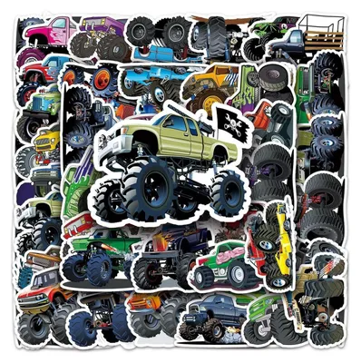 Zdjęcie produktu dla Naklejki z motywem monster trucków, 50 sztuk, wykonane z winylu, wodoodporne, wielokrotnego użytku, idealne dla dzieci
