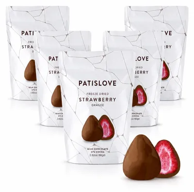 Image de Patislove, fraises lyophilisées enrobées de chocolat au lait, 80g – Pack de 5 (5 × 80 g)