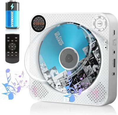 Image de Lecteur CD portable Bluetooth avec radio FM - Kit de fixation murale rechargeable avec entrée USB-AUX