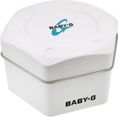 A white hexagonal tin box with the Baby-G logo on the lid and side.