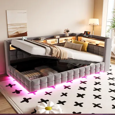 Immagine prodotto di Letto imbottito 90x200 cm, divano letto con illuminazione LED, presa di corrente, porte USB-C, mensole in legno, contenitore idraulico e rete a doghe, tessuto velluto grigio chiaro