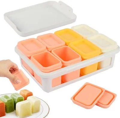 Productafbeelding van SnelShoppen - 8 Stuks Babycontainers van Siliconen met Luchtdichte Deksels - 60 ml - Lekvrije Opbergdozen voor Sauzen, Oliën - Organizerbox - Meerdere