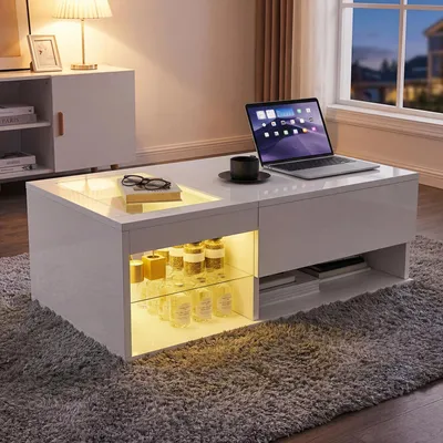 Zdjęcie produktu dla Stolik kawowy Moonbite z wysokim połyskiem, oświetleniem LED i podnoszonym blatem, biały