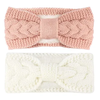 Produktbild von 2x Ohrenwärmer Rosa + Weiß, Haarband Fleece Damen, Grobstrick Zopfmuster, A0222