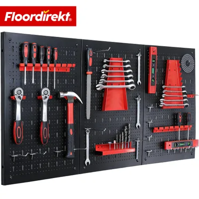 Produktbild von Floordirekt Werkzeugwand Parker, Lochwand Set aus Metall mit Haken & Werkzeughaltern, Werkstattwand für Garage, Keller & Werkstatt, 3 Platten Set