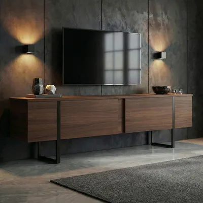 Obrázok produktu pre Skye Decor, kvalitný TV stolík, orech a čierna, 180 x 50 x 30 cm | 100 % melamínom potiahnutá drevotriesková doska, hrúbka 18 mm | Moderný industriálny dizajn pre váš domov.