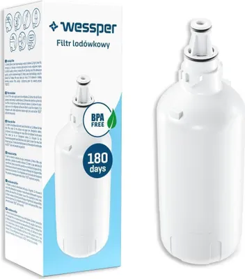 A product shot of a refrigerator water filter and its packaging.