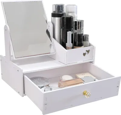 Produktbild von Cosmetic Organizer Schminktisch Weiß mit Viereckigem Spiegel Schublade PVC für Badezimmer Schlafzimmer