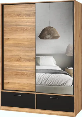 Produktbild von Schlafzimmer-Schwebetürenschrank mit 150 cm Breite in Eiche mit schwarz, mit Spiegeltür und 2 Schubladen - BIRMINGHAM-83
