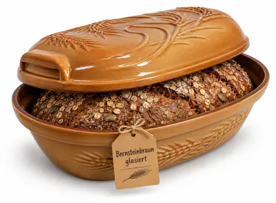 Produktbild von KERAZO 4,5 Liter Brotbackform mit Deckel und Getreidemuster aus Steingut, 38x24x15 cm, Bräter, Auflaufform, Schmortopf, braun