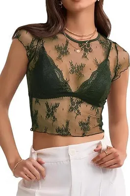 Produktbild von 2024 Damen Kurzes Mesh Oberteil mit Spitze, Transparent, Kurze Ärmel, Rundhals, Sommer y Y2K Bluse