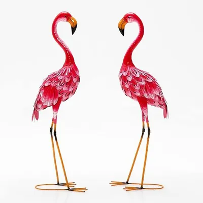 Imagen del producto de Conjunto de dos estatuas de flamenco para jardín, figura de metal para exteriores, escultura para el jardín, decoración de flamenco para terraza, césped o patio, adorno para estanque, figura de metal rosa