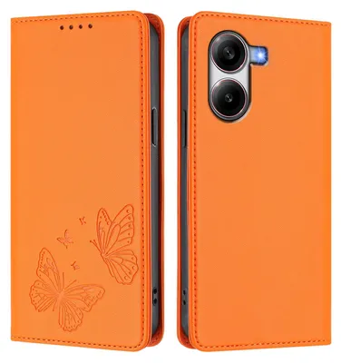 Obrázek produktu pro Kožené pouzdro pro Xiaomi Poco X7 Pro, motýlí ražbou, peněženkové flip pouzdro se stojánkem Oranžová
