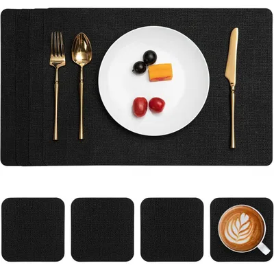Produktbild von Tischsets Abwaschbar Lederoptik 4er Set Schwarz Rutschfest Doppelseitig