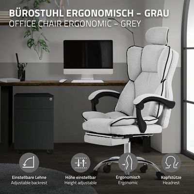 Kancelářská židle ML-Design ergonomická světle šedá, herní židle s vysokým opěradlem, otočná židle s podnožkou, polštářem a opěrkou hlavy