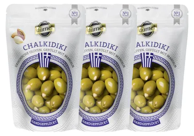 Zdjęcie produktu dla Dumet Chalkidiki, oliwa z oliwek greckich, zielona, z dodatkiem migdałów, 150g, zestaw 3 sztuk