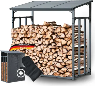 Produktbild von DELUKE® Kaminholzregal Außen mit Dach ELOS - 140x70x145cm | Metallrahmen, Inkl. Ofenhandschuh | Brennholzregal außen Brennholzunterstand Kaminholzunterstand Holzlager