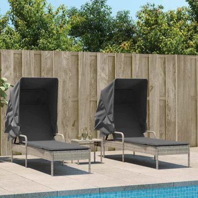 Produktbild von "im Angebot" Sonnenliegen 2 Stk. - möbel für den Garten - mit Dach und Tisch Hellgrau Poly Rattan - Gartenliegen CC10196