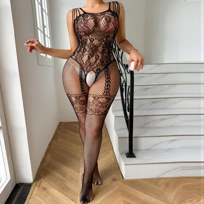 Productafbeelding van Midnight Lace Bodystocking Dames Zwart – Naadloze Net Catsuit met Bloemenpatroon