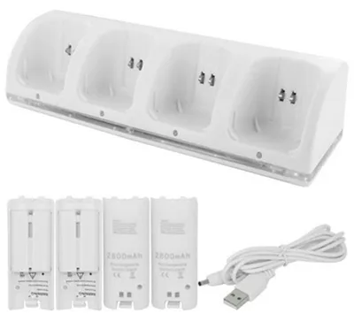 Produktbild von Wii-Fernbedienungsladegerät, 4-in-1-Ladestation mit 4 wiederaufladbaren 2800-mAh-Akkus für Wii/Wii U-Controller – Schwarz