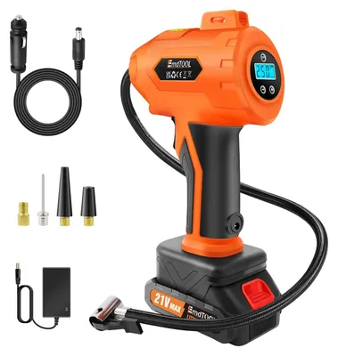 Immagine prodotto di Compressore portatile per pneumatici - Pompa ad aria a batteria - 180 PSI, 21 V, 500 W, 150.000 mAh, manometro digitale, auto/moto/bicicletta - Arancione