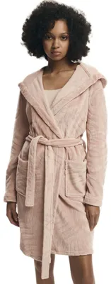 Produktbild von HENDERSON Damen kuscheliger kurzer Bademantel / Morgenmantel /Saunamantel mit Kapuze - Bindegürtel und großen Taschen, Rosa mit Wellenstruktur, Gr. L