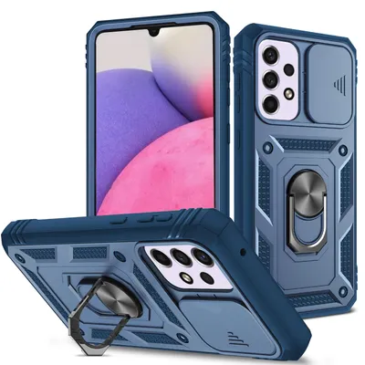 Image de Etui pour Samsung Galaxy A33 5G avec protection de l'appareil photo coulissant, résistant aux chocs, avec porte-anneau, support et porte-cartes Bleu