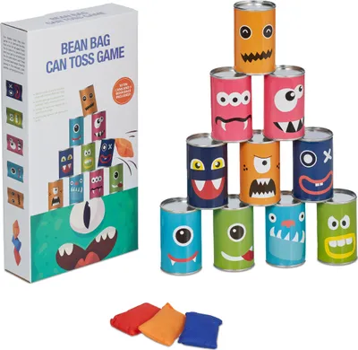 Produktbild von Relaxdays Dosenwerfen Monster, Büchsenwerfen für Kindergeburtstage, 10 Blechdosen & 3 Wurfsäcke, Wurfspiel Garten, bunt