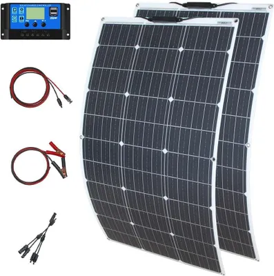 Imagen del producto de Kit de panel solar flexible de 200W con regulador de carga de 20A, cables y células monocristalinas, ideal para caravanas y barcos