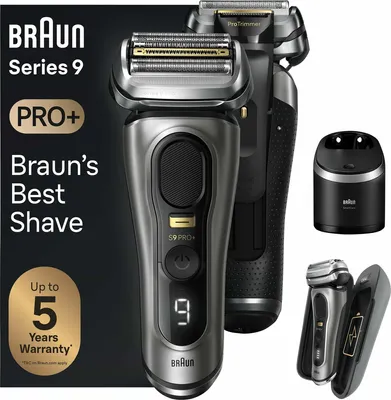 A collage of a Braun Series 9 Pro+ electric shaver and its accessories, presented with marketing text and warranty information.