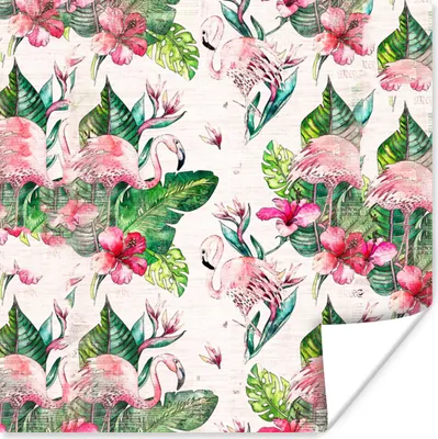 Produktbild von MuchoWow® Poster Flamingo - Blumen - Blätter - Zeitungspapier 75x75 cm - Wand Dekoration