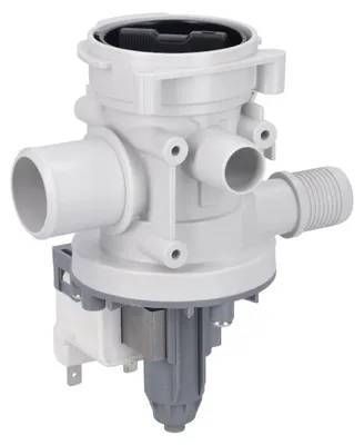 A white washing machine drain pump with a motor attached.