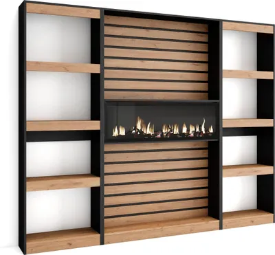 Produktbild von Bücherregal Bibliothek, 230x25x186cm, Wohnzimmer, Esszimmer, Büro, Elektrokamin XXL, Eiche und Schwarz