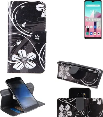 Produktbild von K-S-Trade Schutzhülle Handyhülle kompatibel mit Blackview A80 Plus Hülle 360° Wallet Case ''Flowers'' Klapphülle Hülle schwarz-weiß 1x