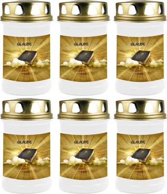 Produktbild von Grabkerze Weiß 6er Pack, Brenndauer: 48 Stunden ( je Kerze ), Motiv: Glaube