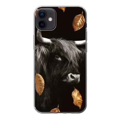 Produktbild von MuchoWow® Handyhülle Schutzhülle Hülle für iPhone 12 mini Schottischer Highlander - Blätter - Gold - Schwarz Silikon Softcase Handy Hülle - Bild