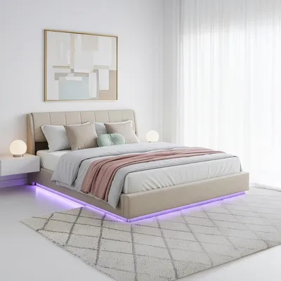 A bedroom scene featuring a bed with LED lighting.