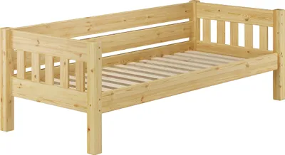 Produktbild von Kieferbett natur Einzelbett 90x200 Massivholz-Bettgestell Sofabett mit wählbarem Zubehör V-60.53-09Rollrost und Matratze inkl.