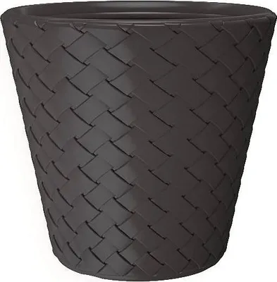 A dark gray planter with a woven rattan-like texture.