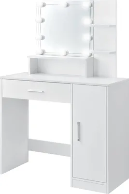 Obrázok produktu pre ML-Design toaletný stolík biely, toaletný stolík s LED osvetlením, zrkadlom, 1 zásuvkou, 3 priehradkami a skrinkou, 90x38x137 cm, kozmetický stolík z MDF dreva