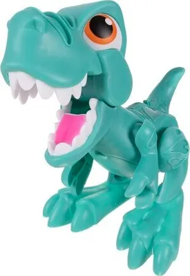 A teal toy dinosaur with large orange eyes and an open mouth showing pink inside and white teeth.