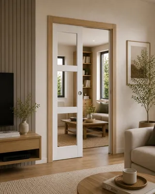 Immagine prodotto di Porta scorrevole Kenya bianca con vetro trasparente H204 x L83 cm, incasso, kit finitura Gd Menuiseries