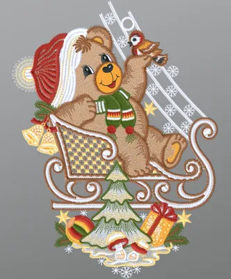 Produktbild von Fensterbild aus Plauener Spitze - Weihnachtsbär mit Schlitten  (Bx H) 21cm * 29cm mehrfarbig Fensterdekoration Fensterschmuck