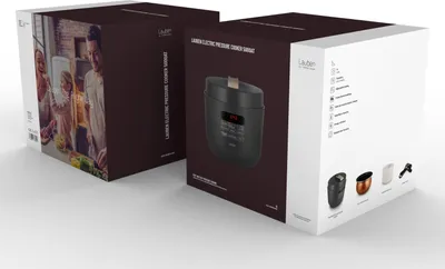 Two boxes of a Lauben Electric Pressure Cooker are shown, one with a family in a kitchen scene and the other with a product image and feature icons.