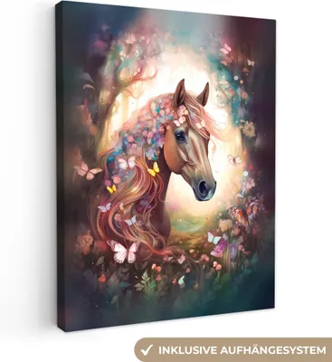Produktbild von MuchoWow® - Leinwandbilder - Pferd - Natur - Blumen - Schmetterlinge - Wald, Wandbild, Wanddeko Bilder Wohnzimmer, 90x120 cm