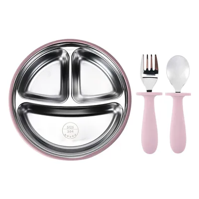 Produktbild von Baby Teller mit Saugnäpf, 304 Edelstahl Kindergeschirr mit Gabel und Löffel, Rosa