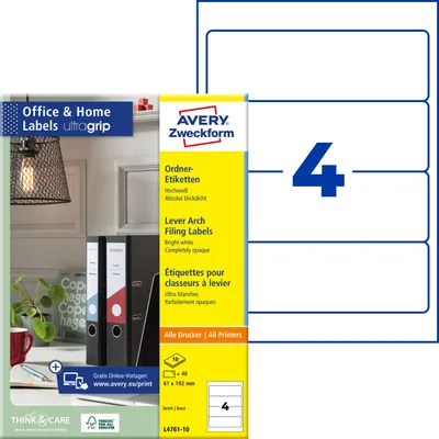 Produktbild von Avery Zweckform L4761-10, Ordner-Etiketten, Home Office, Kleinpackung, A4, Qualitätsdruck mit: ultragrip, 61 x 192 mm, 40 Etiketten / 10 Bögen, weiß