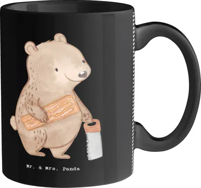 Produktbild von Mr. & Mrs. Panda Henkelpott Schreiner Herz - Schwarz - Geschenk, Bedruckte Tasse, Kaffeebecher, Kaffeetasse, cappuccinotasse, Teetasse