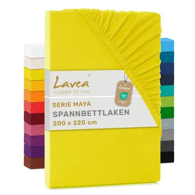 Produktbild von Lavea® Spannbettlaken 200x220cm, Maya, 100% Baumwolle, Boxspringbetten, Wasserbetten, atmungsaktives Bettlaken Matratzen bis 35cm - Sonnengelb